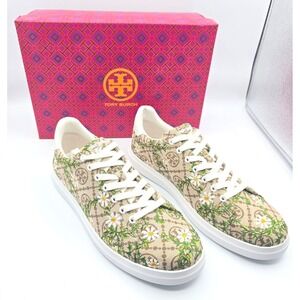 Tory Burch Howell T-Monogram Embroidered Daisy Sneakers Hazel White 81296 9.5